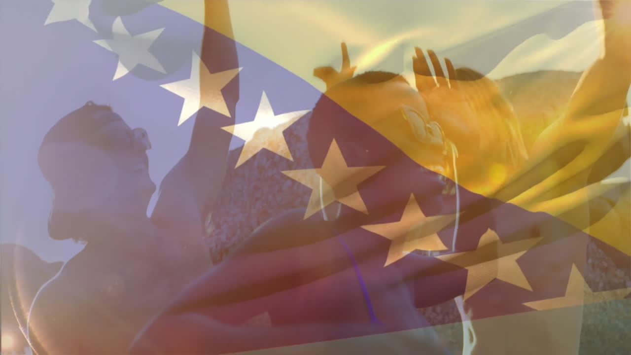 Dancing with American flag animation in sunny park, people celebrating together