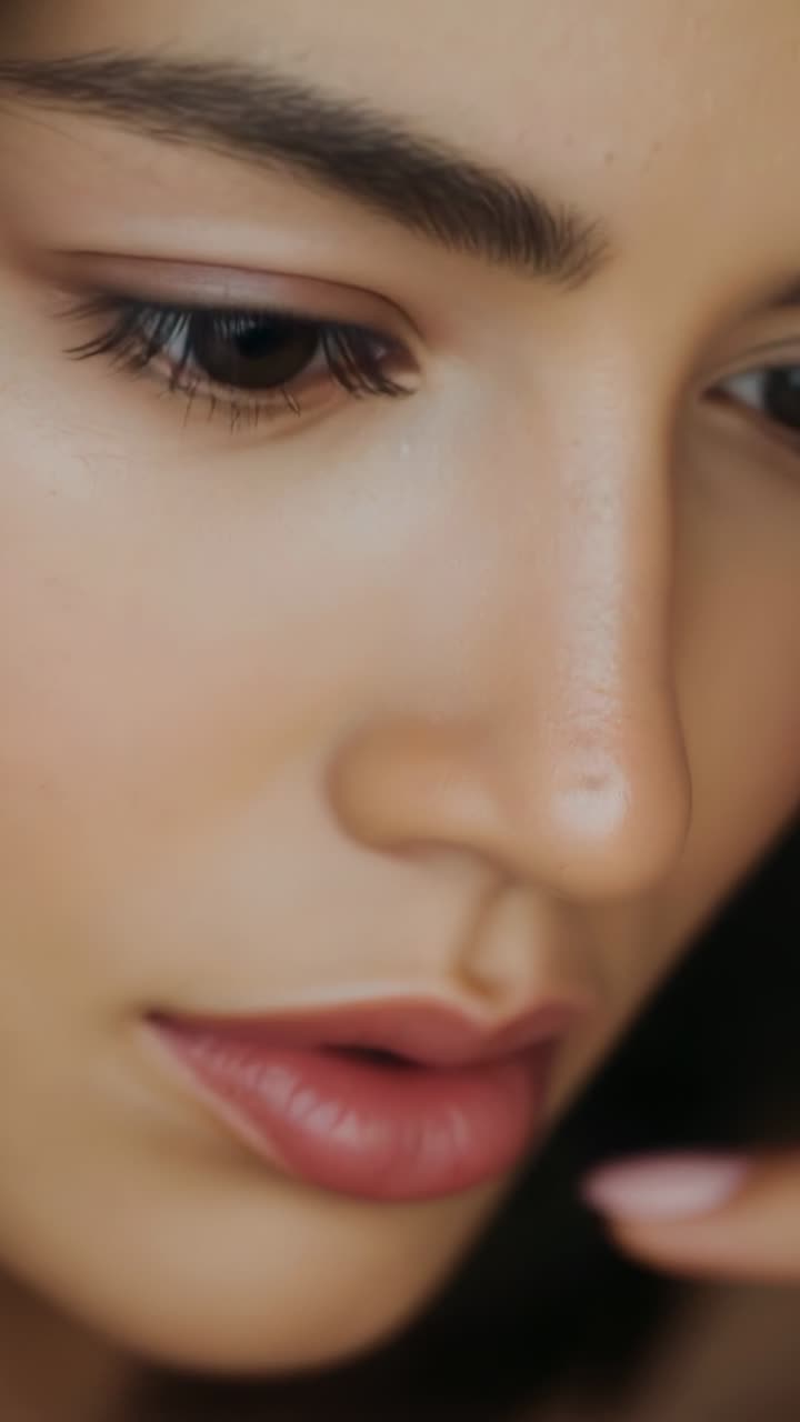 Vertical video: Moving finger guiding model touching lip moving away in studio for makeup pink nail
