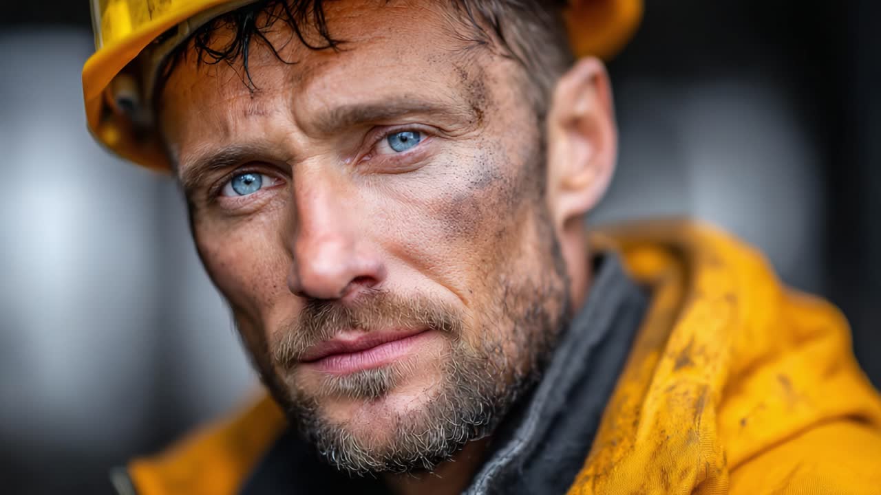 Intense Close-Up of a Hardworking Man with Piercing Blue Eyes and a Dirty Face, Wearing a Yellow Hard Hat and Reflecting the Resilience of Labor in Challenging Conditions