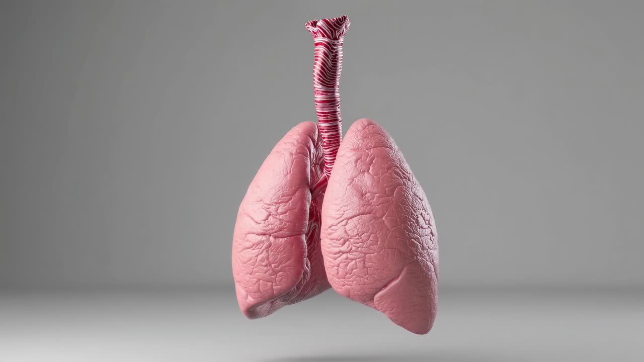 Rendering 3D di polmoni e trachea umani da un'angolazione frontale, che mostra dettagli anatomici.