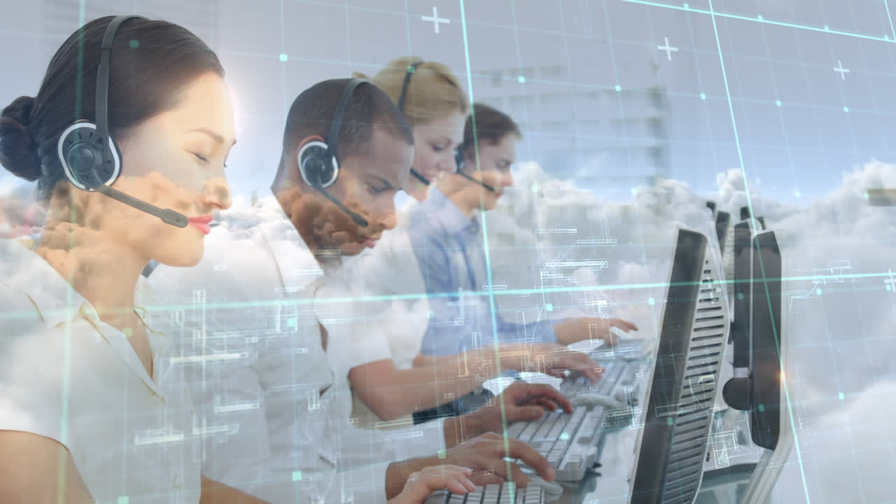 전화 헤드 ⁇ 을 착용 한 사업가 들 위 에서 데이터 처리 의 애니메이션