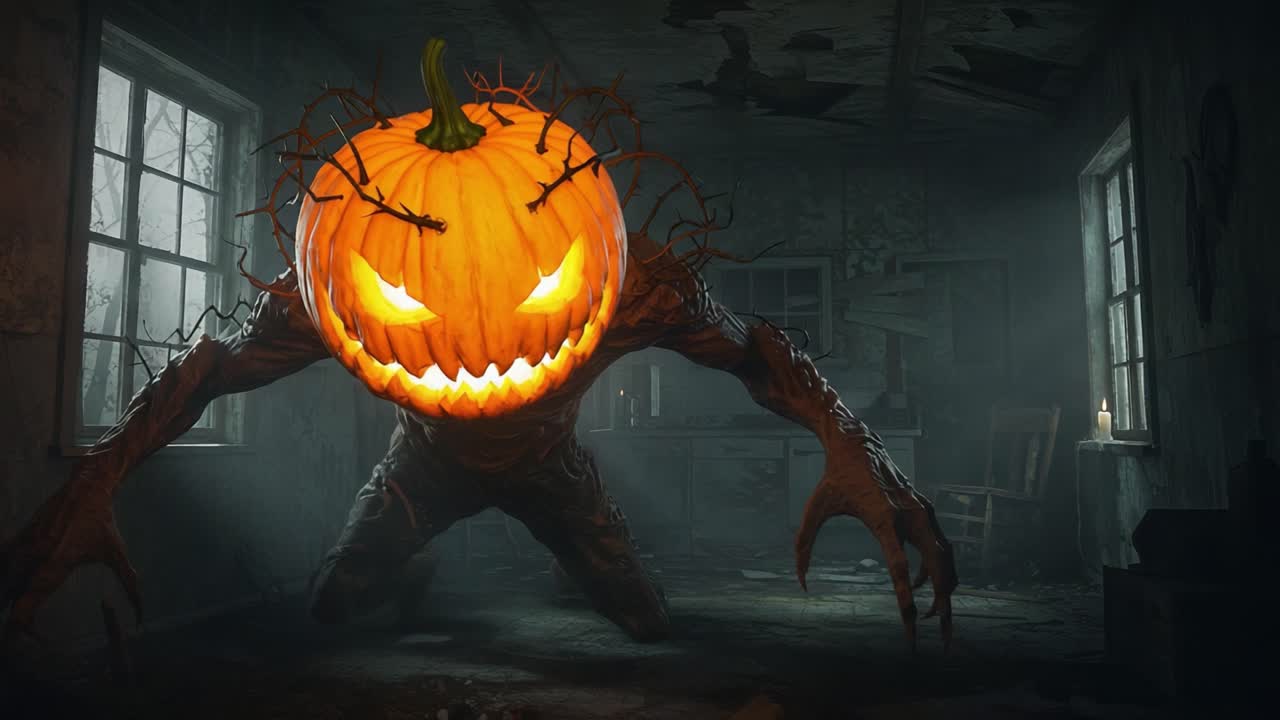A Terrifying Pumpkin Monster Emerges from the Shadows in an Abandoned Room, with Glowing Eyes and Twisted Branches, Perfect for a Halloween Horror Theme