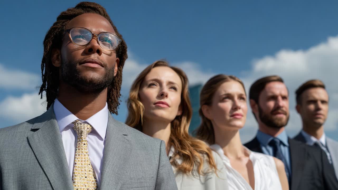 A diverse team of business professionals looking confidently towards the future