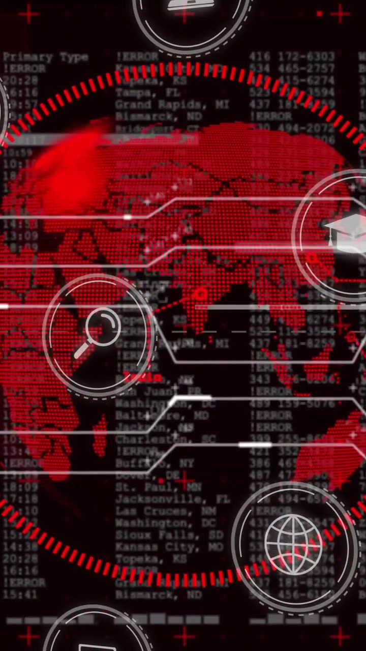 Data processing animation over red globe, digital interface showing years 2004 and 2019