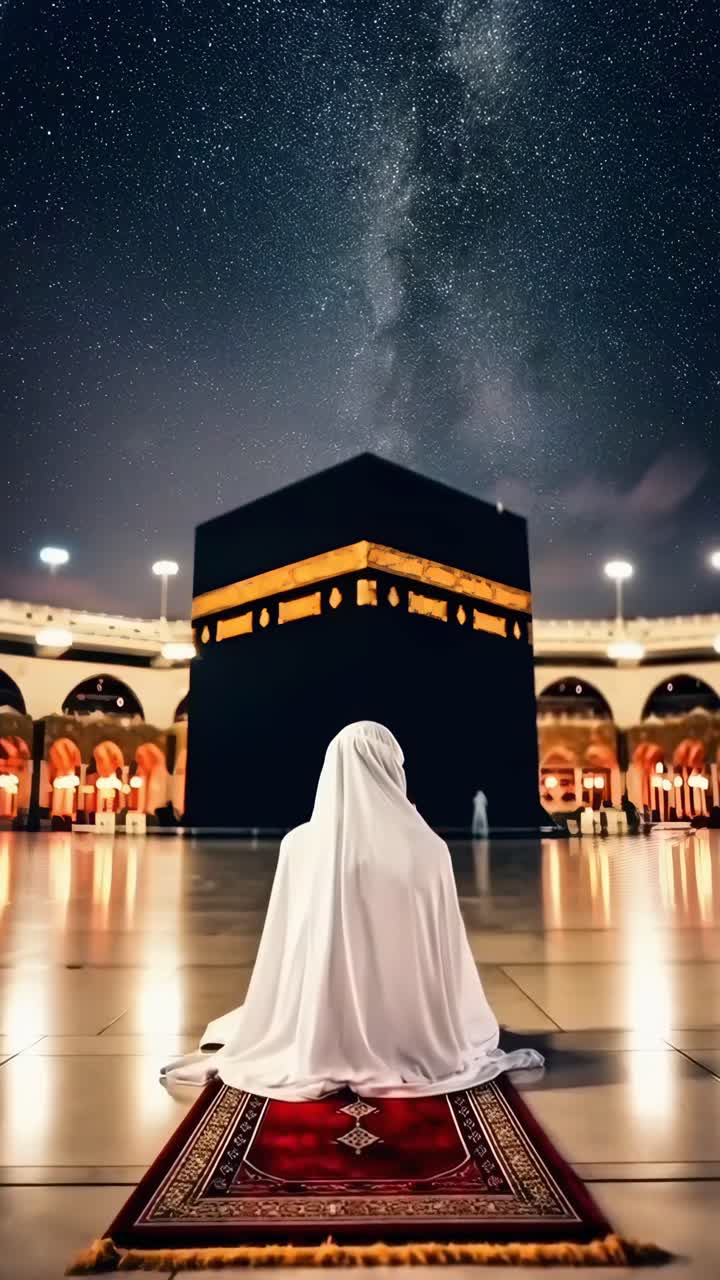 Una serena scena video di una persona che prega di notte, ripresa dal basso mentre cattura il cielo stellato.