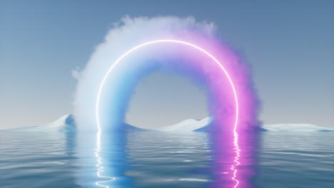 cloud with glowing neon lines and water surface, 3d rendering.