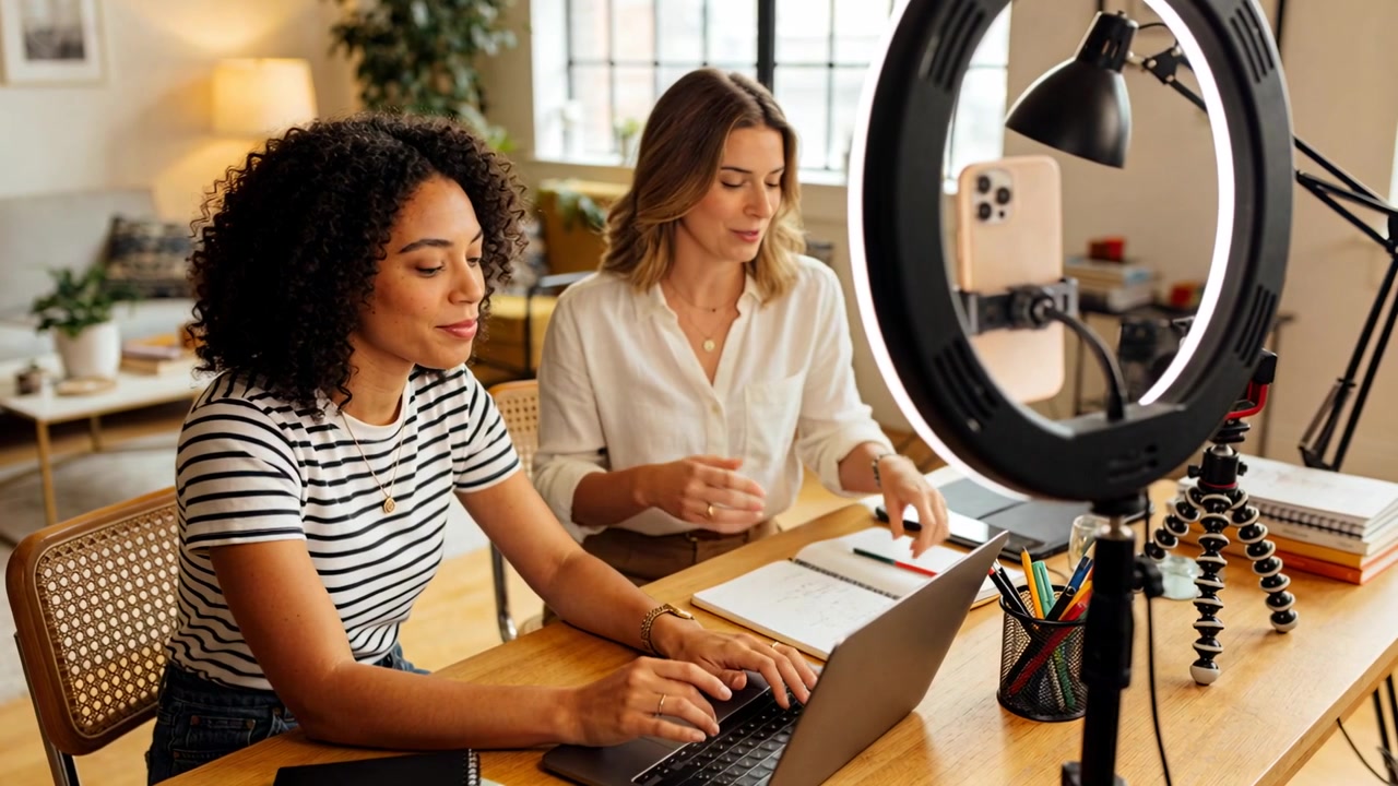 Recording as camera starts, hosts in white blouse planning content in home office, typing on laptop