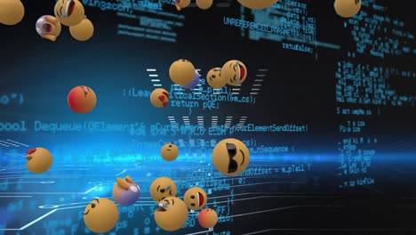 Animation-Von-Emoji-Symbolen-über-Die-Datenverarbeitung-Auf-Schwarzem-Hintergrund