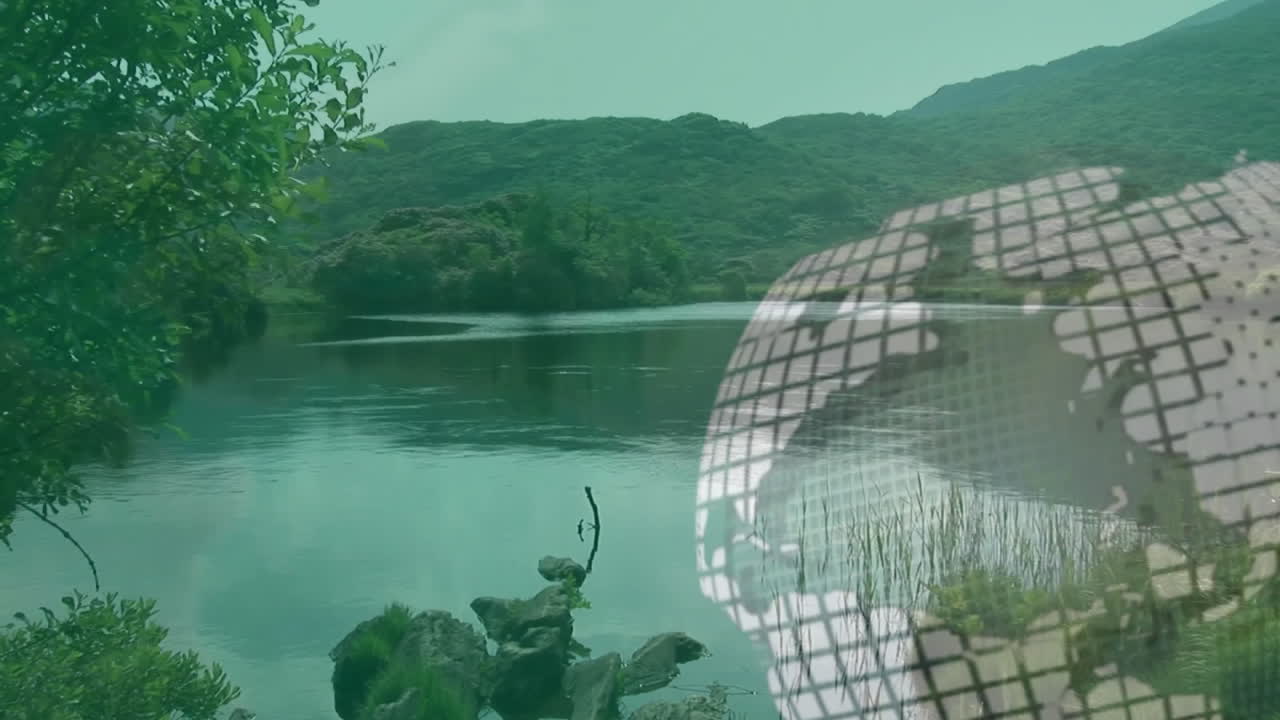 Calm mountain lake being visualized in flat design, with rocky shoreline and mesh grid overlay