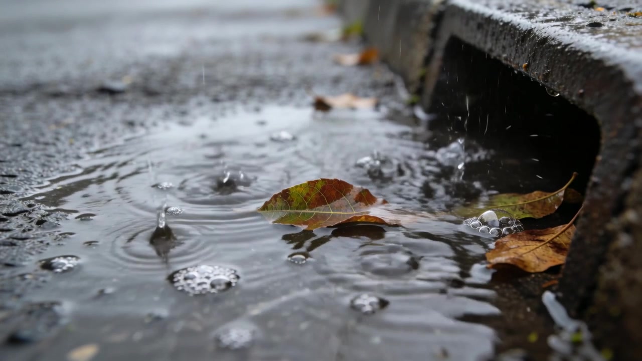 Falling raindrops nudging fallen leaf drifting toward storm drain on curbside puddle, copy space