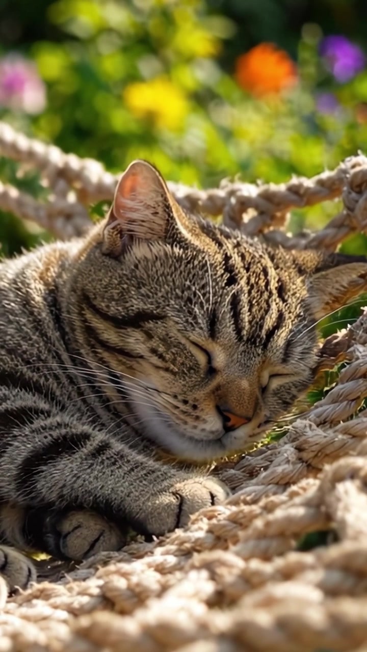 Un gatto pacifico che sonnecchia comodamente in un'amaca, circondato da fiori colorati in un ambiente da giardino sereno, catturando la tranquillità della natura.