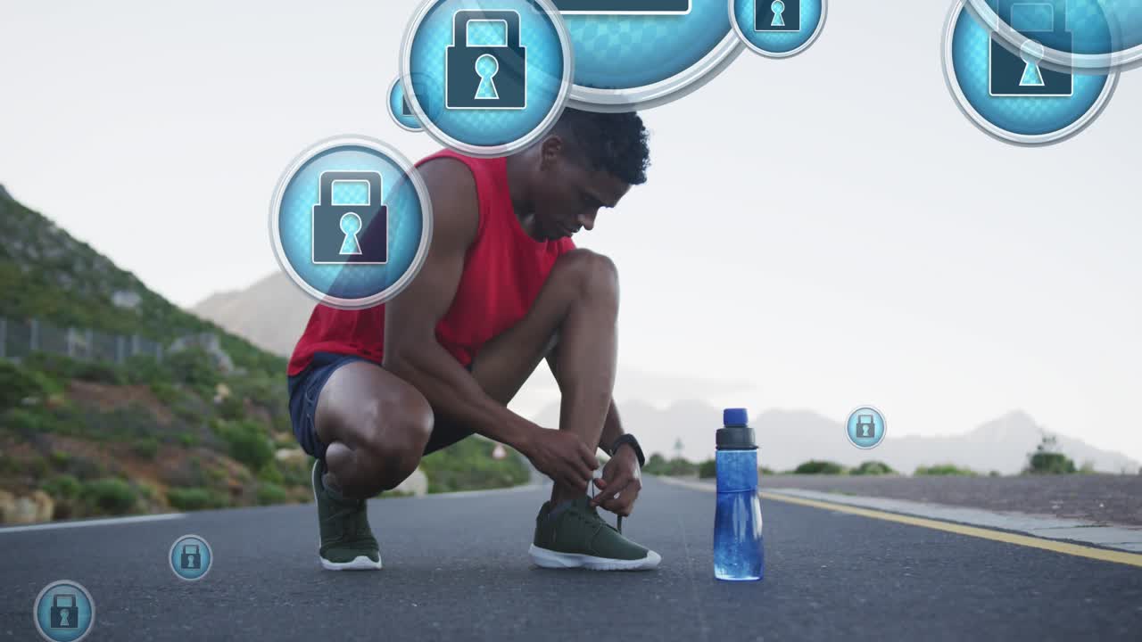 Animation of padlock icons, african american runner with bottle tying shoe lace on road
