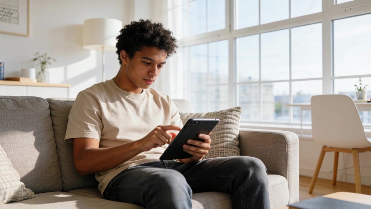 Scrolling male teen wearing beige tee dark pants on sofa at home, using tablet to study