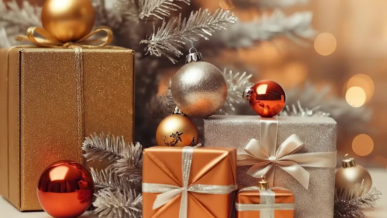 Festive Christmas gifts and ornaments, captured at eye level