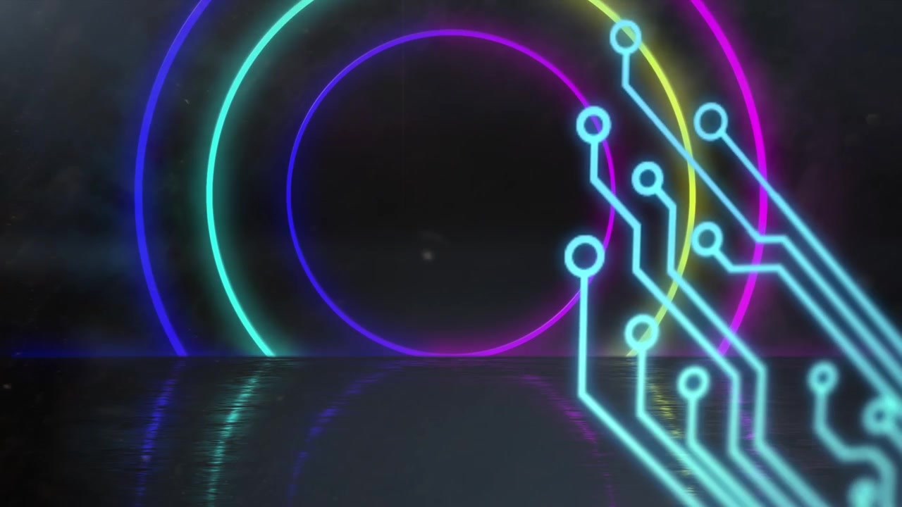 Animazione di testo al neon e su griglia digitale su curve a rete bianca su sfondo nero.