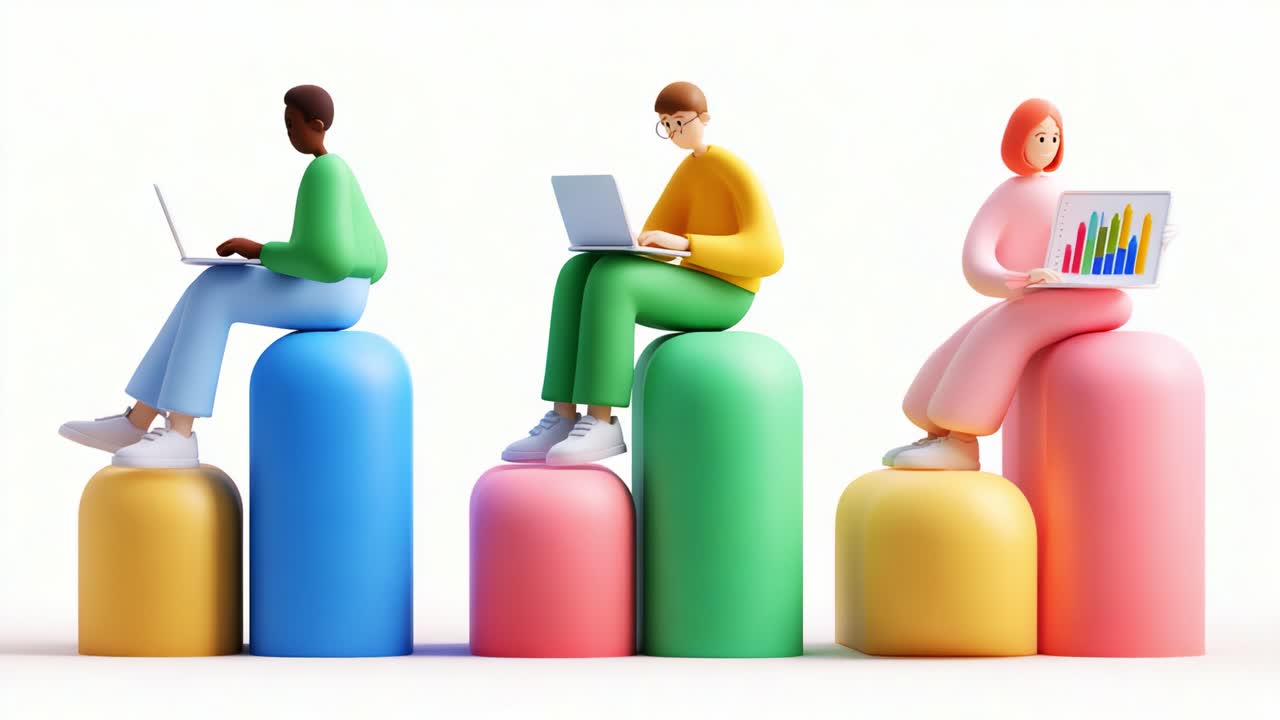 A colorful scene depicting three 3D characters, each engaged with their laptops while seated on vibrant cylindrical platforms, symbolizing teamwork, technology, and modern communication