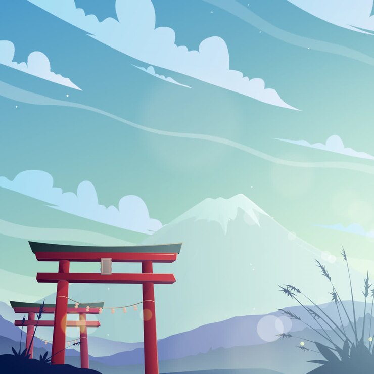 Japanese Torii Gate at Sunrise/Sunset with Mount Fuji