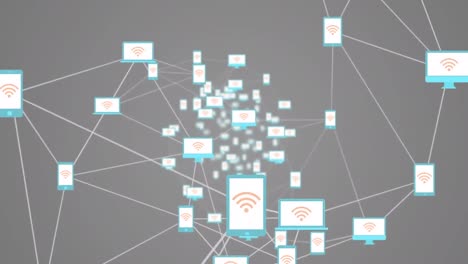 Animation-of-network-of-connections-with-icons-on-black-background