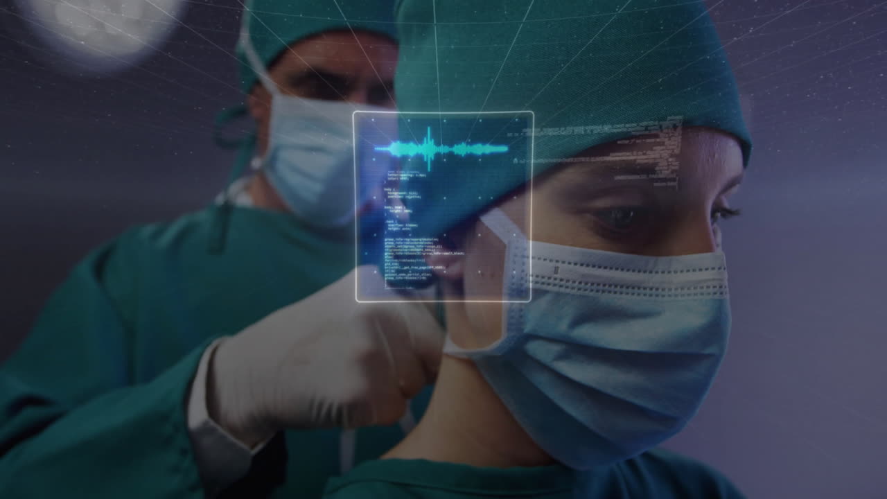 Animation of data processing and scope scanning over caucasian surgeons wearing face masks