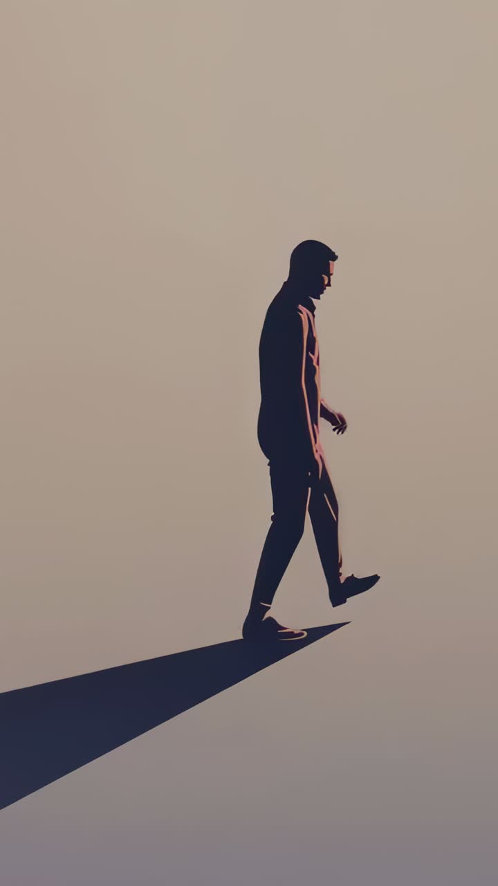 Vertical video: Starting male silhouette in coat walking along dark form to tip into beige gradient