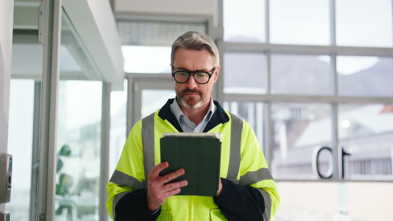 Man in high-visibility vest using tablet