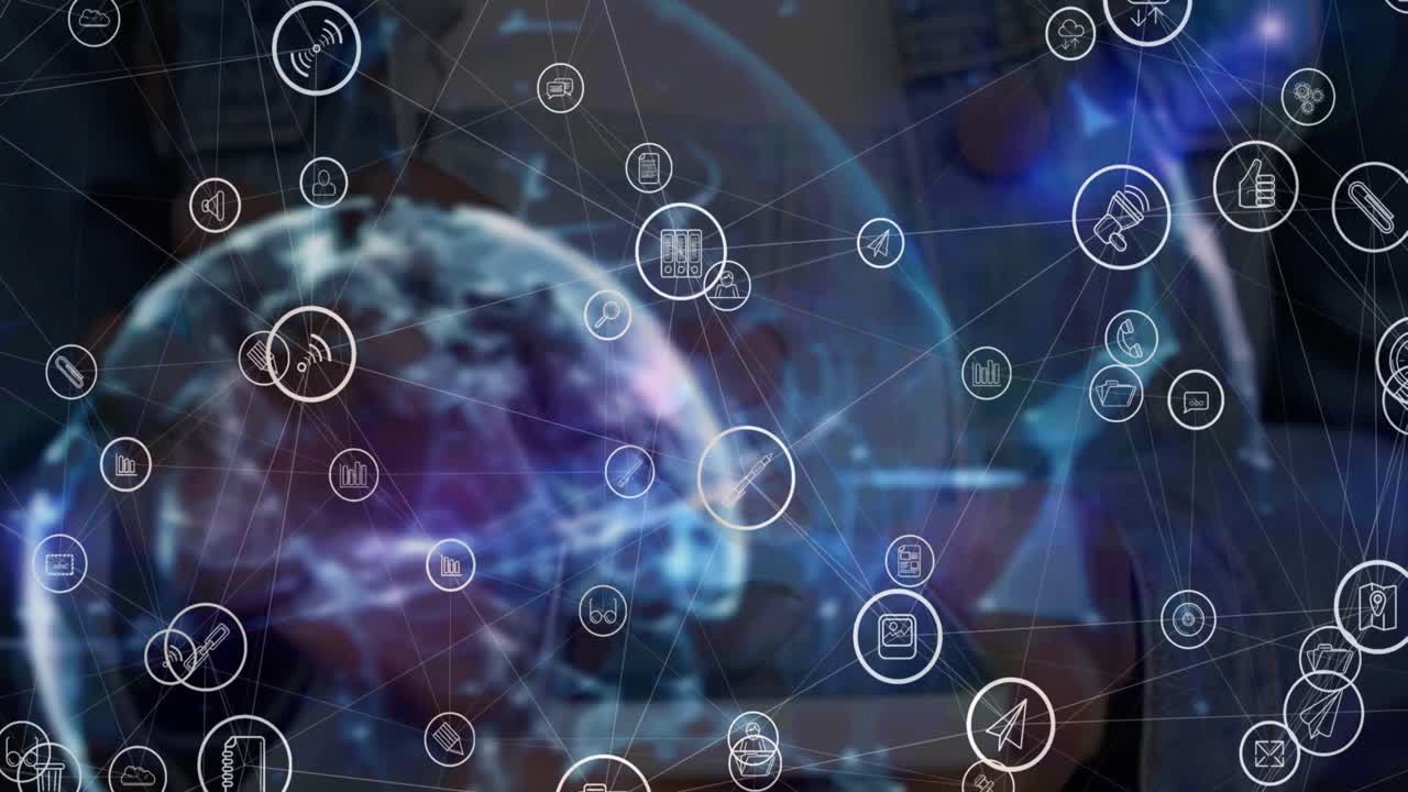 animación de la red de conexiones con iconos de las redes sociales en todo el mundo