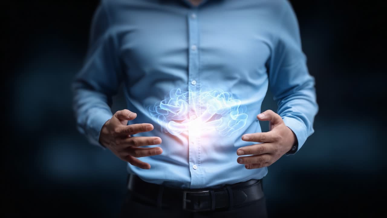 A man in a blue shirt stands with hands clasped over his stomach, projecting a glowing energy field that symbolizes power, vitality, and inner strength while the background fades to darkness