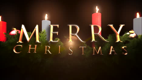 Merry-Christmas-text-with-green-tree-branches-and-candles