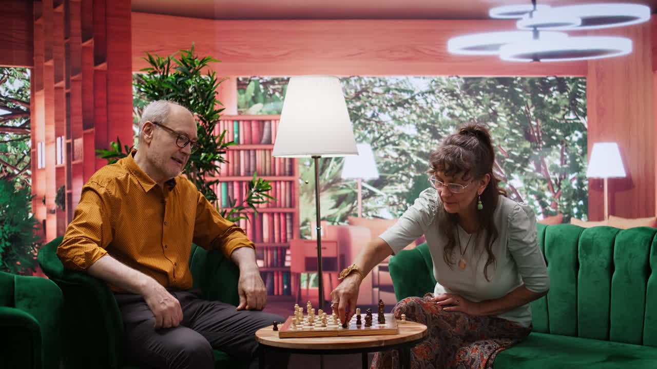 personas mayores felices jugando al ajedrez en un entorno doméstico acogedor