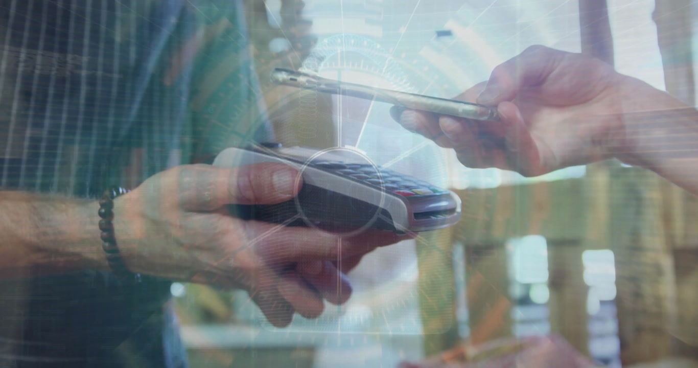 Animation of data processing over caucasian woman paying with smartphone