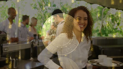 female barista serving coffee for group of customers in café, featuring crypto finance nft overlay