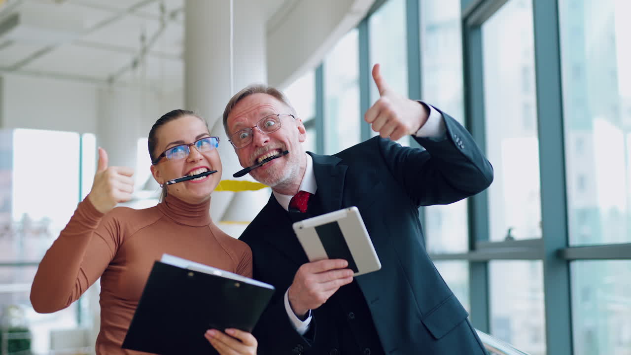 Smiling mature man and young woman in office. Happy businessman and secretary holding pens in mouth and looking at camera.
