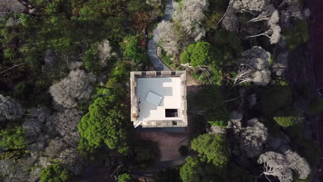 Aerial-top-down-rising-higher-over-an-old-stone-whaling-tower-standing-tall-next-to-the-ocean,-at-Eden-Australia