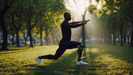 man with prosthetic leg exercising in a sunny park