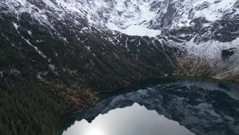 aerial footage of snowcapped peaks reflected in morskie oko lake in zakopane poland