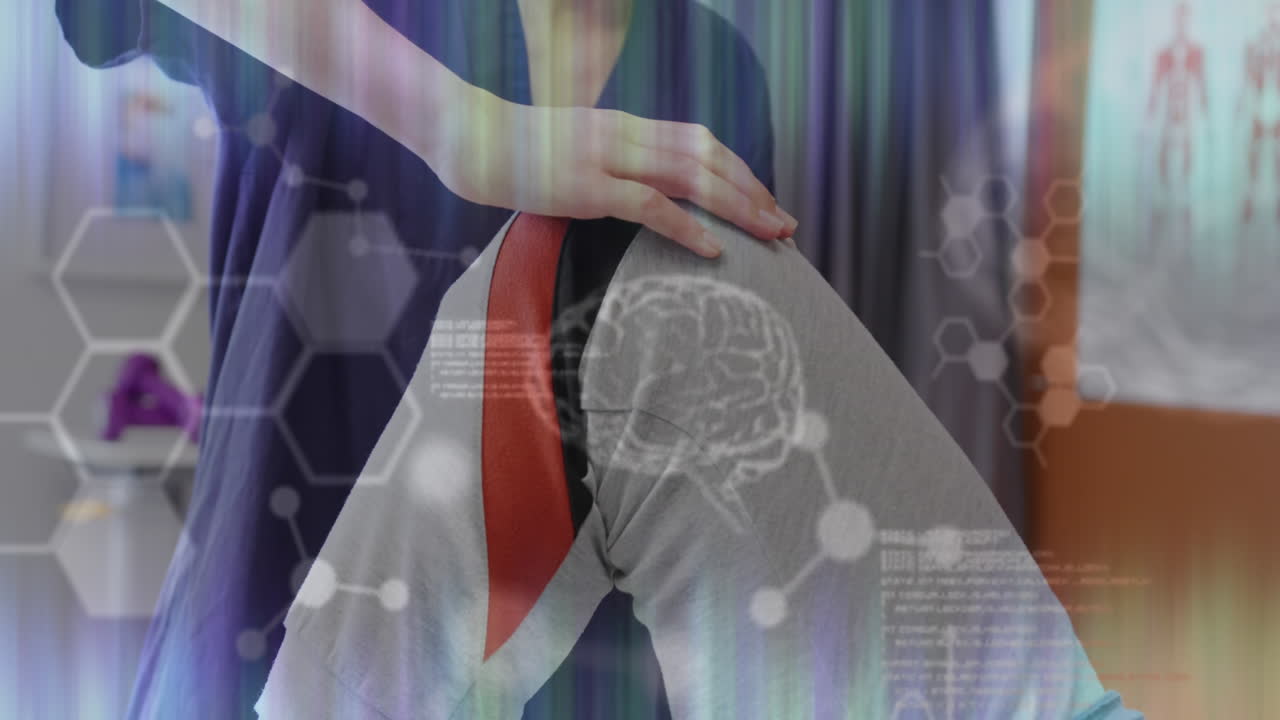 환자의 다리에 작업하는 두 인종 여성 치료사에 대한 뇌와 의학적 데이터의 애니메이션