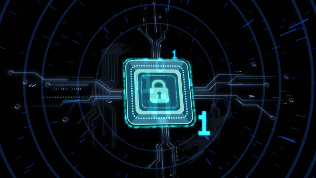animación del candado y procesamiento de datos en el fondo de la placa de circuitos