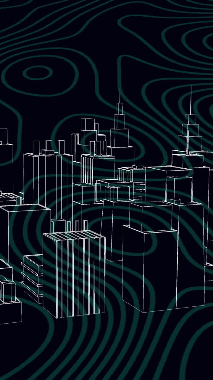 Animation of metaverse city rotating on black background with isohypses