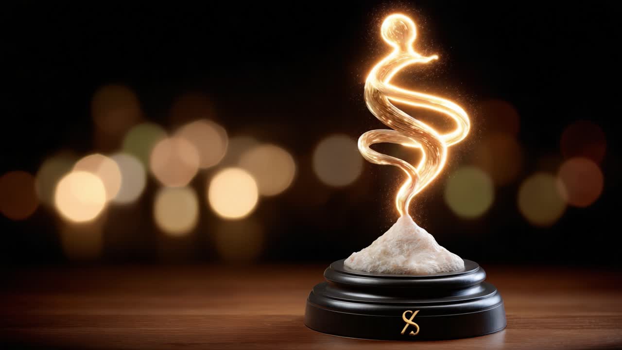 A Stunning Golden Sculpture of Artistic Flow on a Wooden Base with Soft Bokeh Lights in the Background, Evoking a Sense of Elegance and Creativity