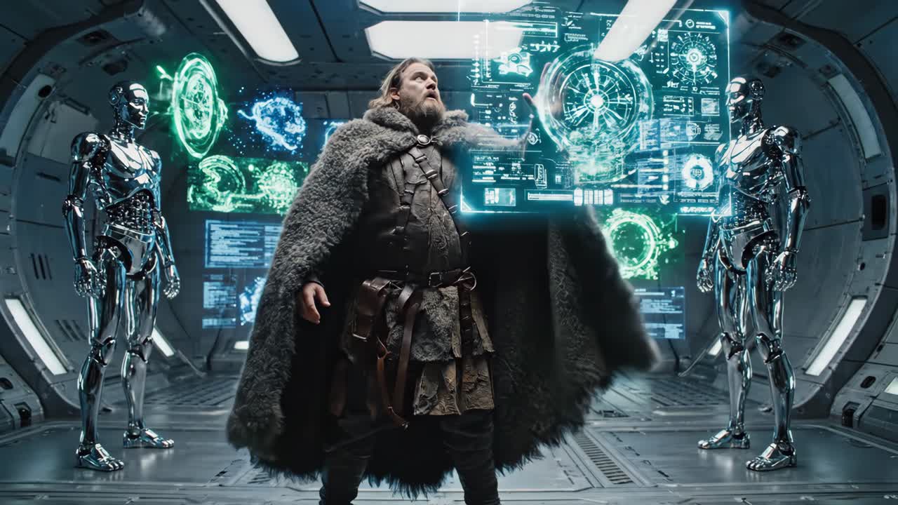 A man surrounded by robots in a futuristic space station