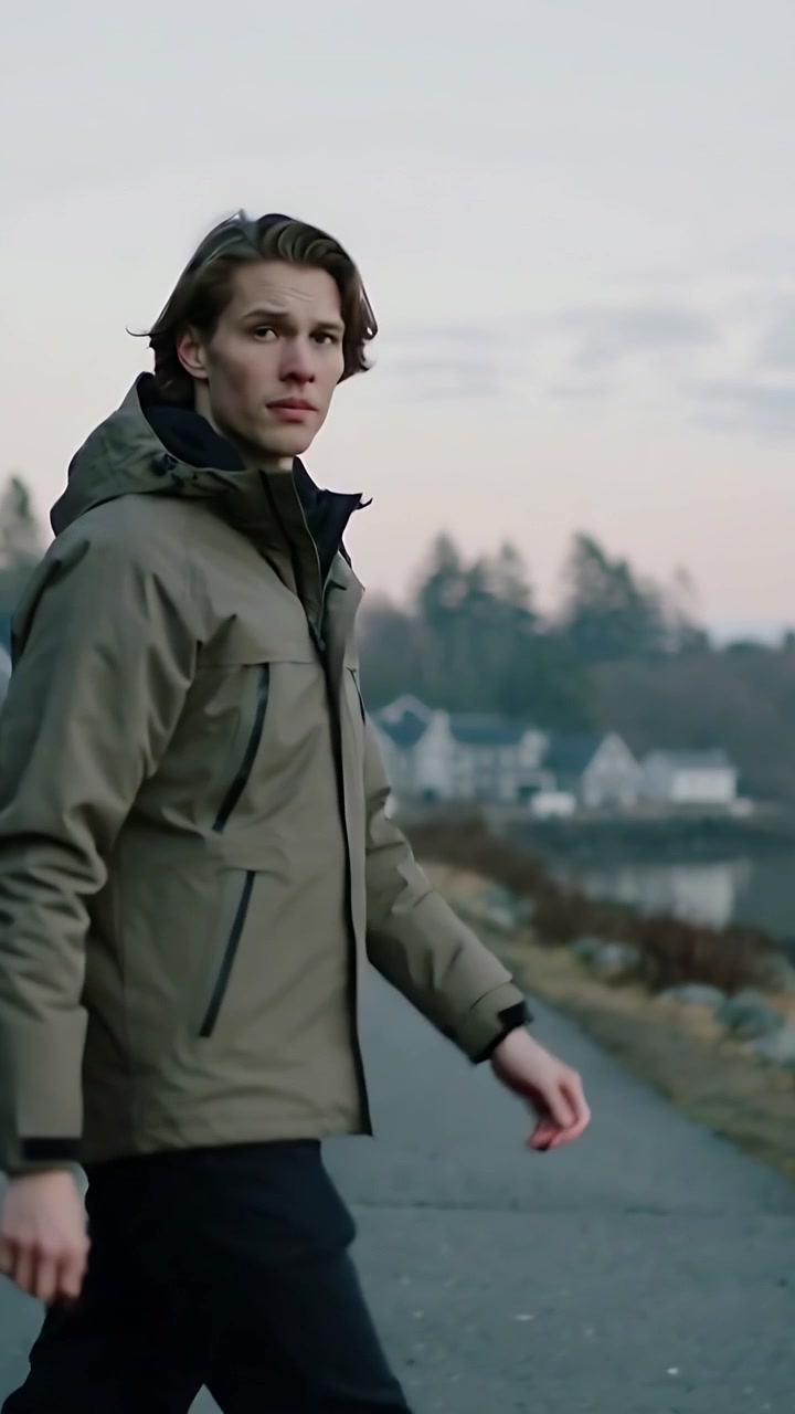 Vertical video: Walking man taking evening walk along coastal path at dusk, olive jacket and watch