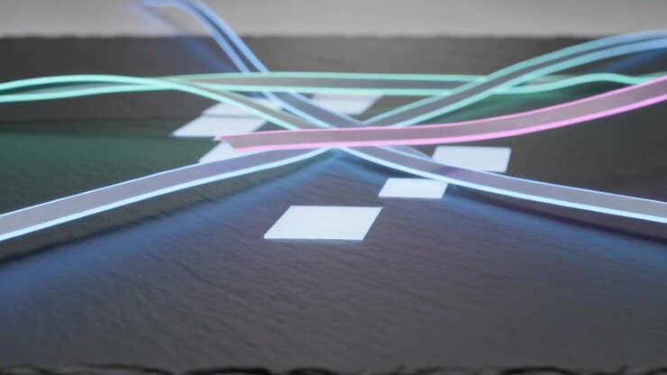 Moving camera as lit ribbons lifting and rippling on dark slab, showing white tiles and reflections