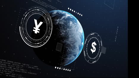 Animation-of-globe-with-currency-symbols-and-data-processing-on-black-background