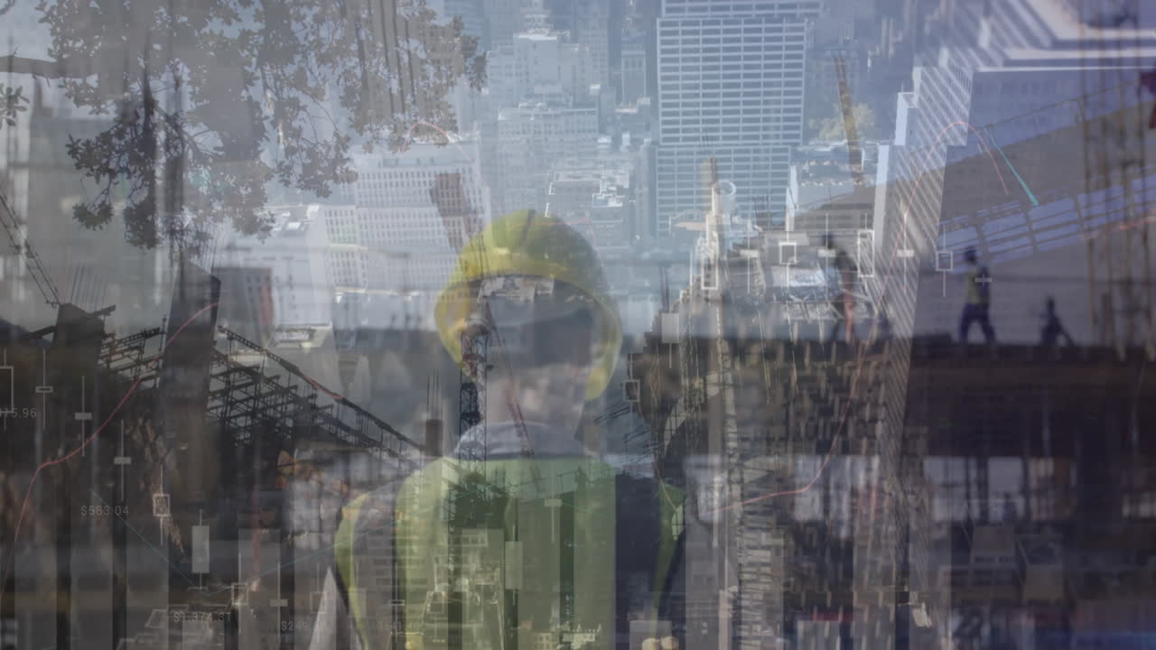 animación del procesamiento de estadísticas sobre arquitectas que mantienen planes en el sitio de construcción