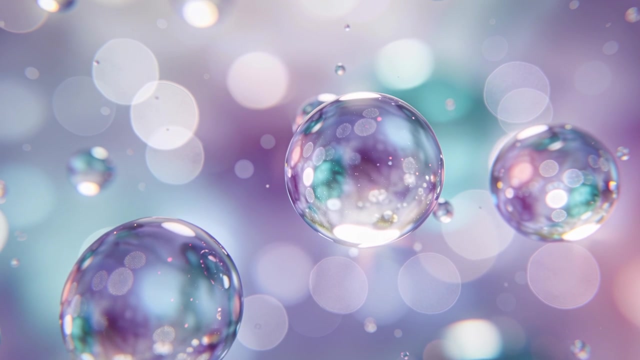 Bokeh-skifte som skyver bobler som driver mot venstre i et pastellfarget studio, og avslører turkise høydepunkter og dråper.