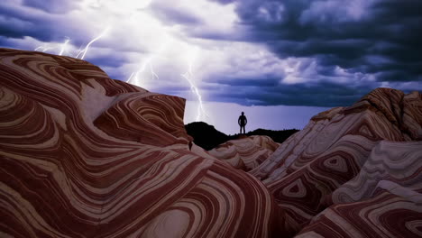 lightning storm over striped rock formations