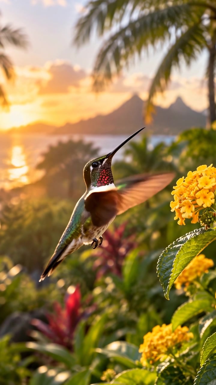 Un colibrì si sposta leggermente verso l'alto accanto a fiori luminosi mentre vola in controluce, incorniciato da foglie di palma, vegetazione fitta, acqua riflettente, nuvole e sagome di montagne in lontananza