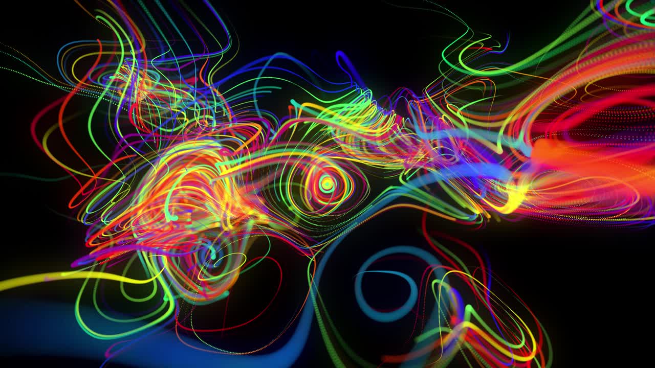 fondo en bucle abstracto con flujo de líneas multicolores de brillo o rayas de luz. las partículas de luces en funcionamiento se forman en el espacio 3d brillando hermosas líneas curvas con luz de neón. hermoso bg creativo en 4k.