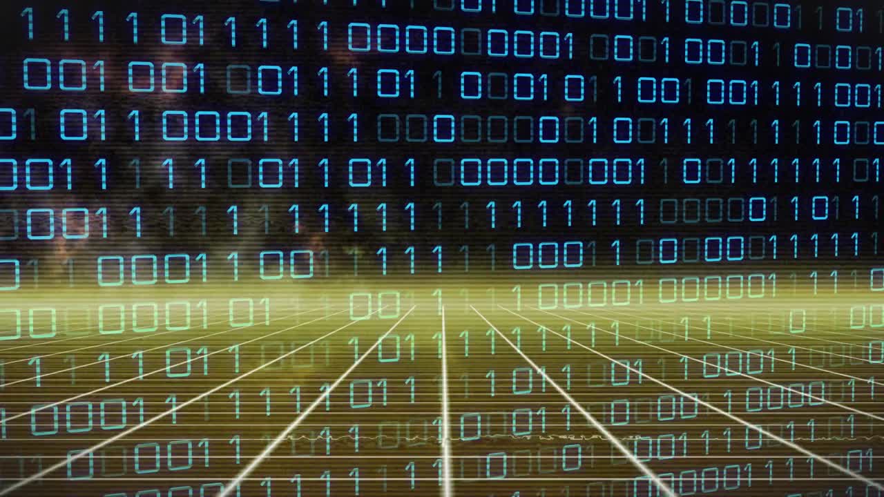 Golden band showing at center starting binary corridor scrolling grid moving guiding data receding