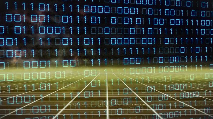 Golden band showing at center starting binary corridor scrolling grid moving guiding data receding